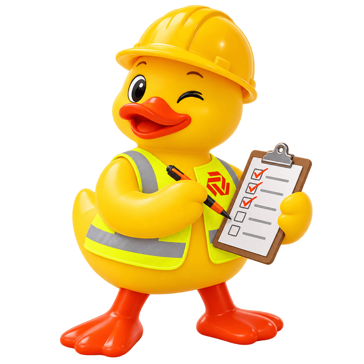 InfraDBM duck in a hard hat and hi-vis vest, ticking off a checklist